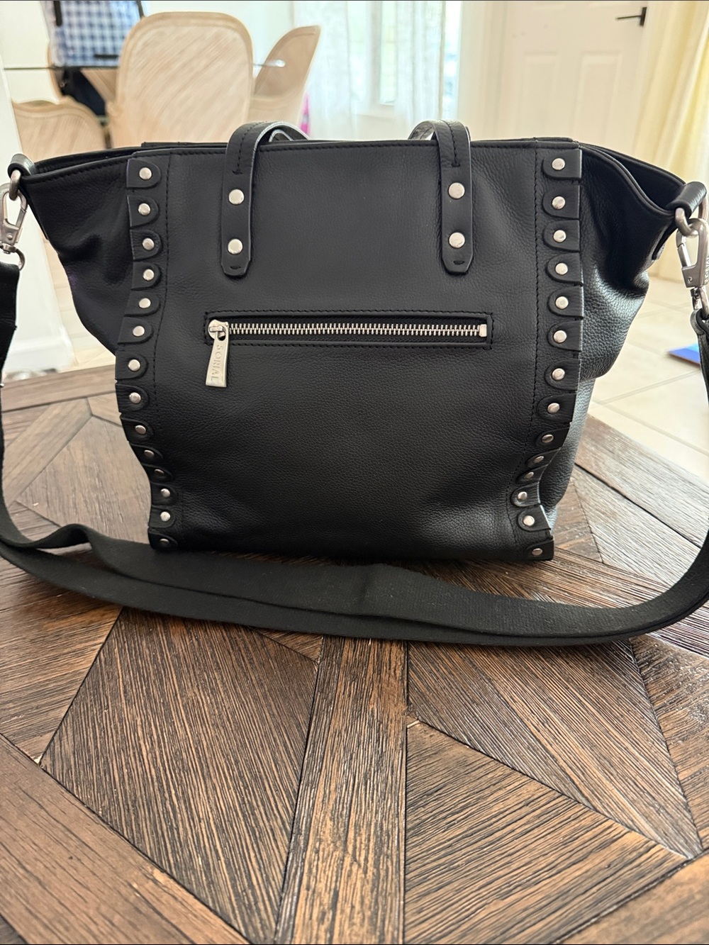 Sorial Black Leather Studded Shoulder Bag Crossbody Handbag Silver Hardware